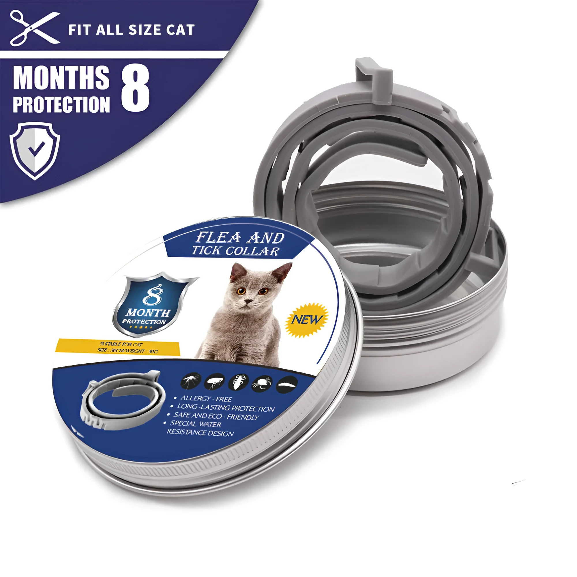 Adjustable pet anti-mosquito collar for cats and dogs with natural plant extracts in grey packaging