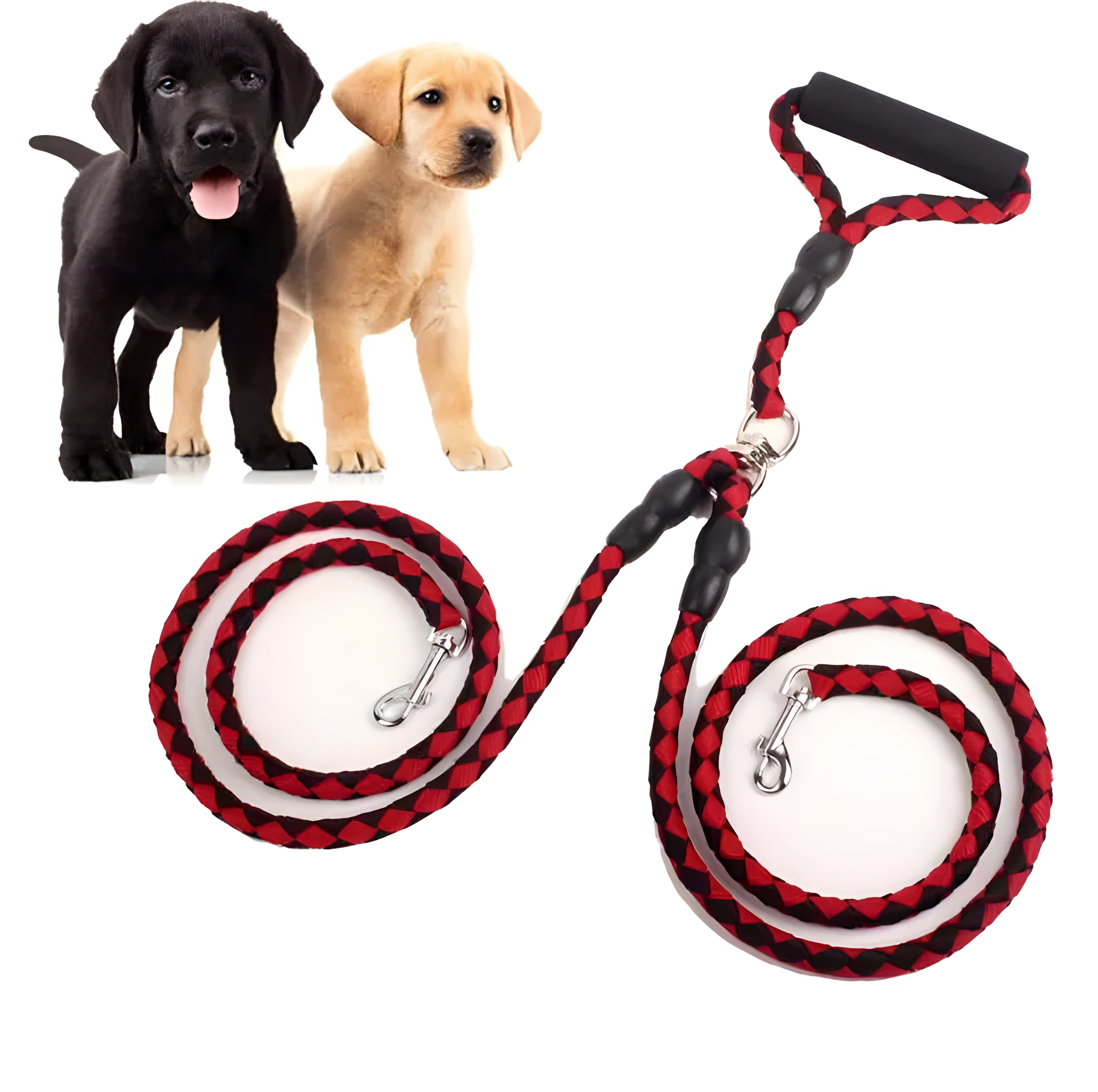 Double-ended dog leash with reflective threads and padded handle in blue colour