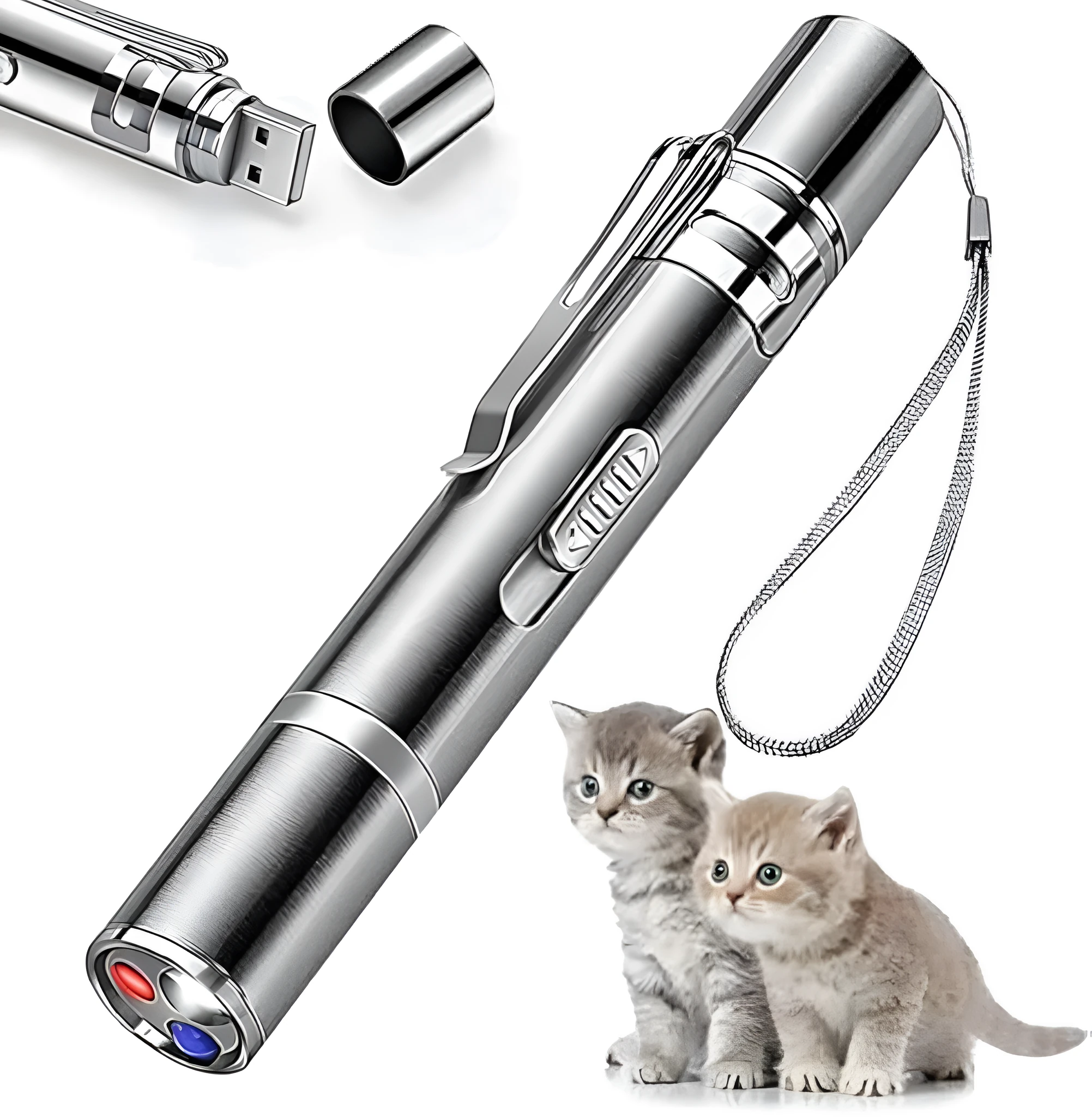Silver aluminium cat laser pointer toy showing light patterns on a wall next to a cat.