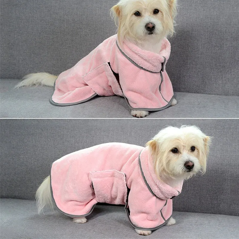 Blue microfiber pet drying towel bathrobe for dogs and cats on a light background