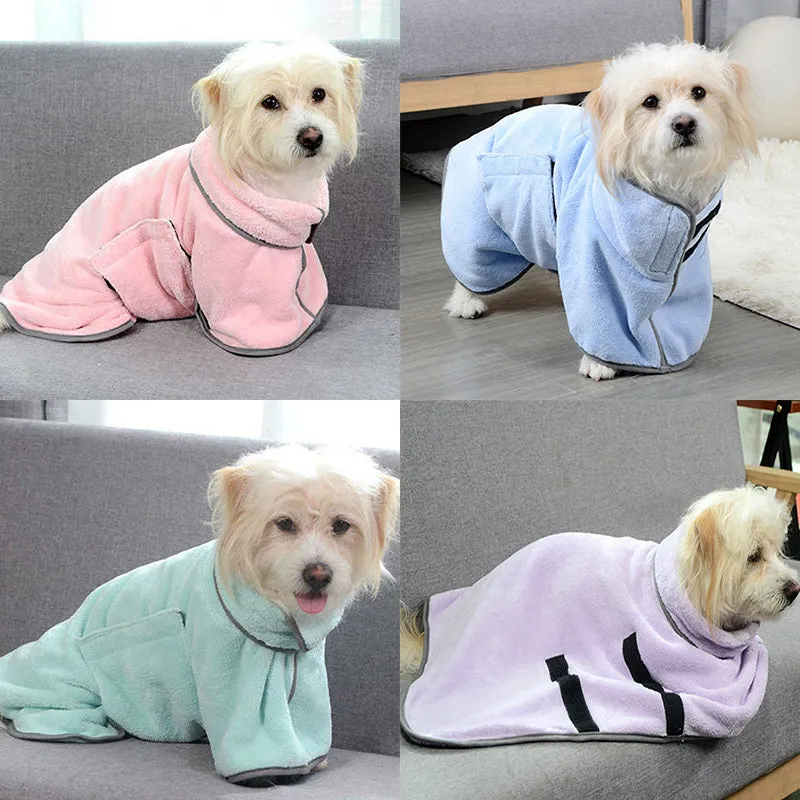 Blue microfiber pet drying towel bathrobe for dogs and cats on a light background