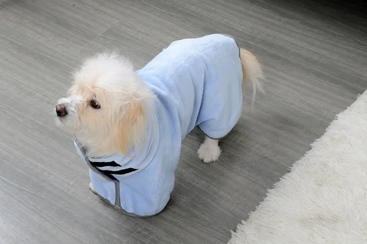 Blue microfiber pet drying towel bathrobe for dogs and cats on a light background