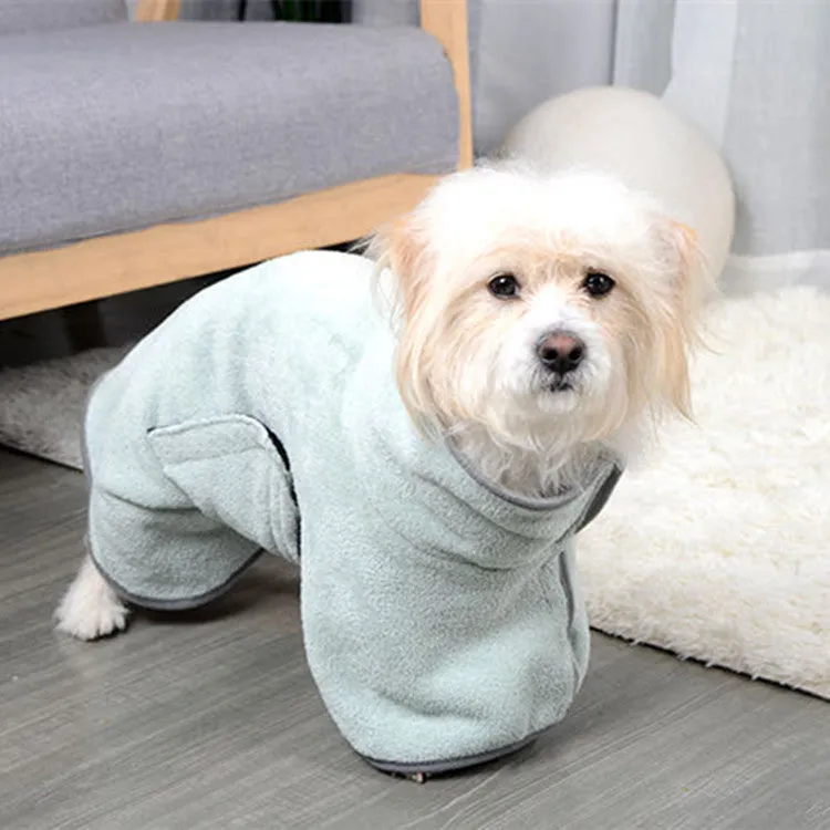 Blue microfiber pet drying towel bathrobe for dogs and cats on a light background