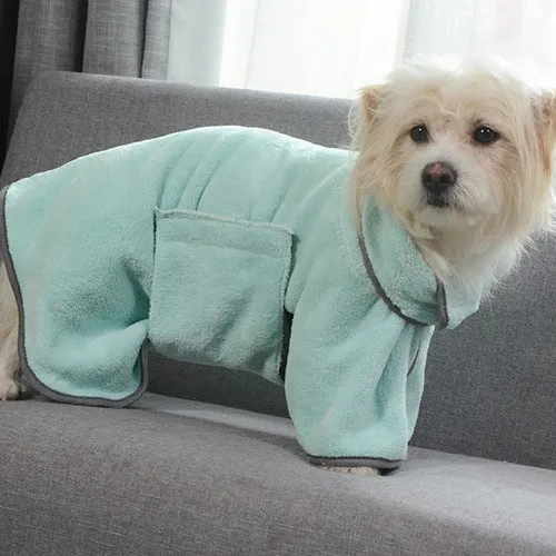 Blue microfiber pet drying towel bathrobe for dogs and cats on a light background