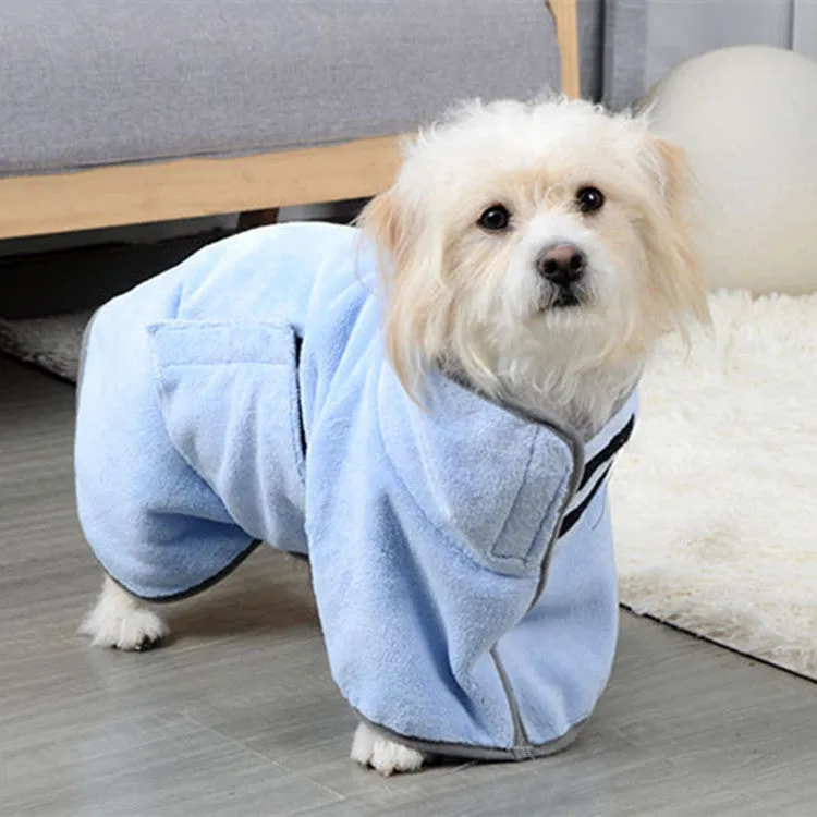 Blue microfiber pet drying towel bathrobe for dogs and cats on a light background