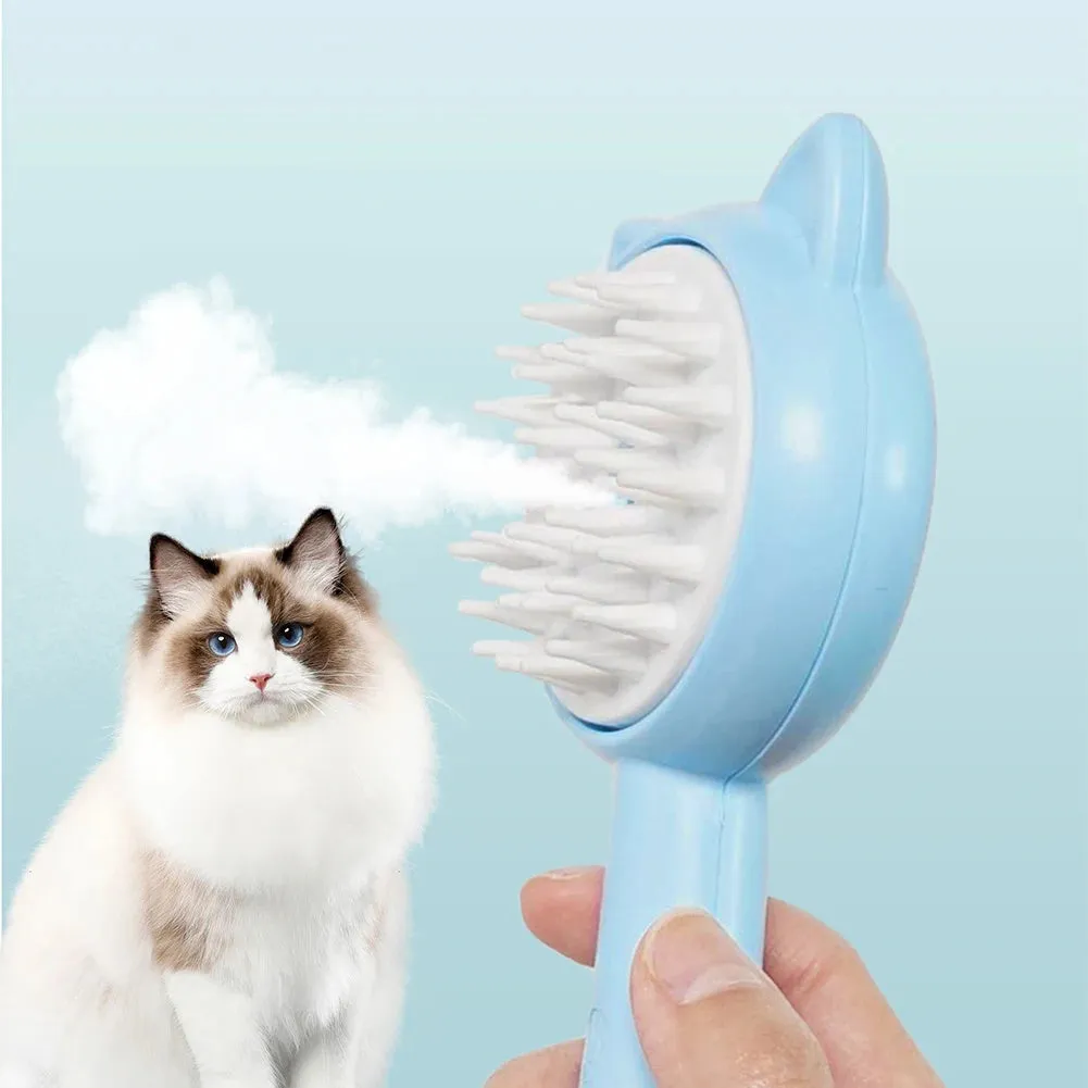 Rechargeable cat grooming brush with mist, self-cleaning slicker brush, ergonomic ABS TPR silicone, 18x9.5x5cm, available in blue pink yellow