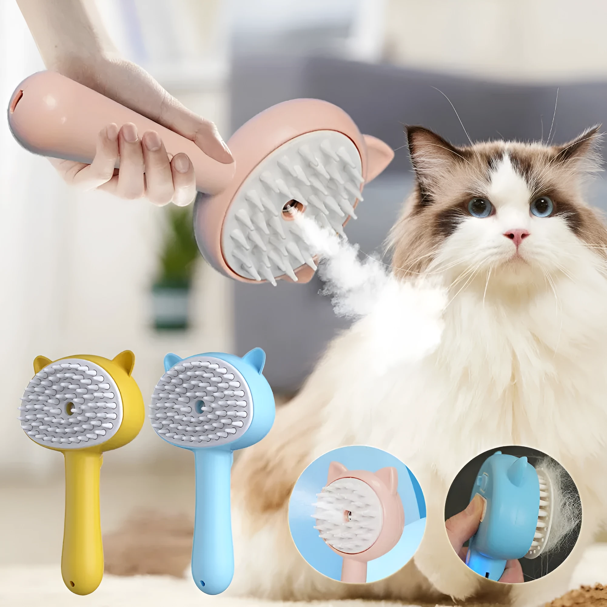 Rechargeable cat grooming brush with mist, self-cleaning slicker brush, ergonomic ABS TPR silicone, 18x9.5x5cm, available in blue pink yellow