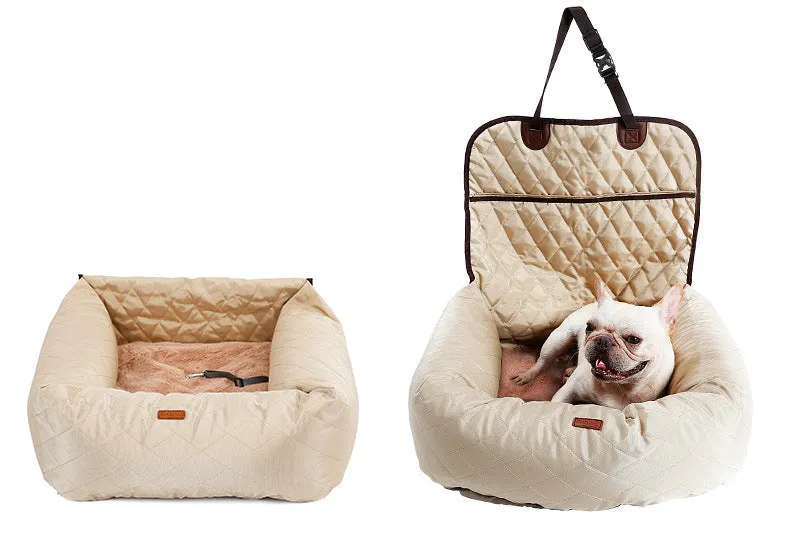 Pet dog carrier folding car seat pad in beige with thickened padding, 60x50x61 cm, non-slip Oxford cloth base