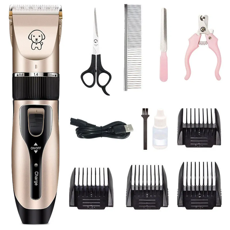 Dog shaver with titanium ceramic blade, copper motor, compact 4.5cm host, and charging cable