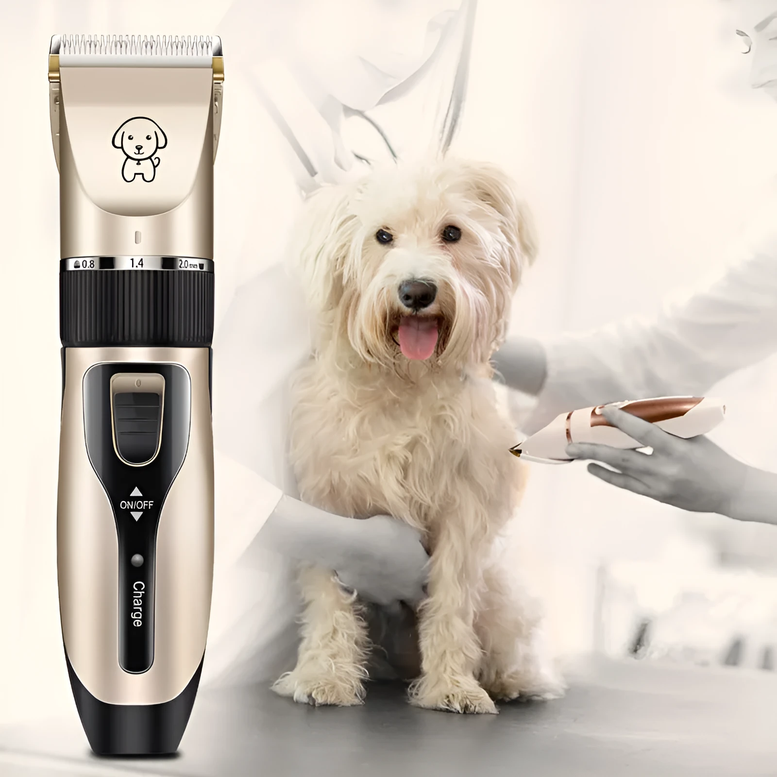 Dog shaver with titanium ceramic blade, copper motor, compact 4.5cm host, and charging cable
