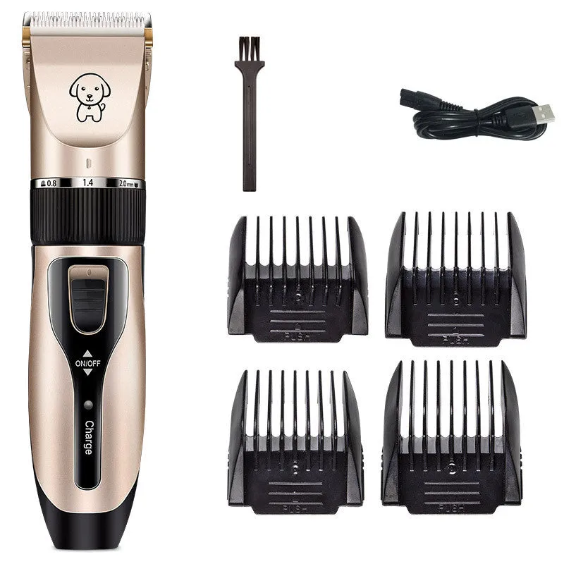 Dog shaver with titanium ceramic blade, copper motor, compact 4.5cm host, and charging cable