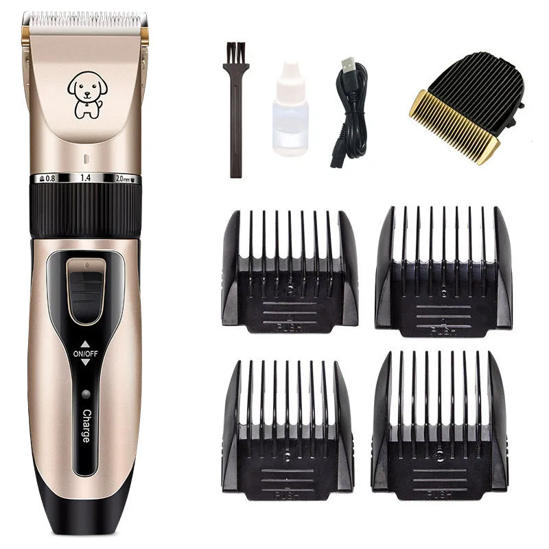 Dog shaver with titanium ceramic blade, copper motor, compact 4.5cm host, and charging cable