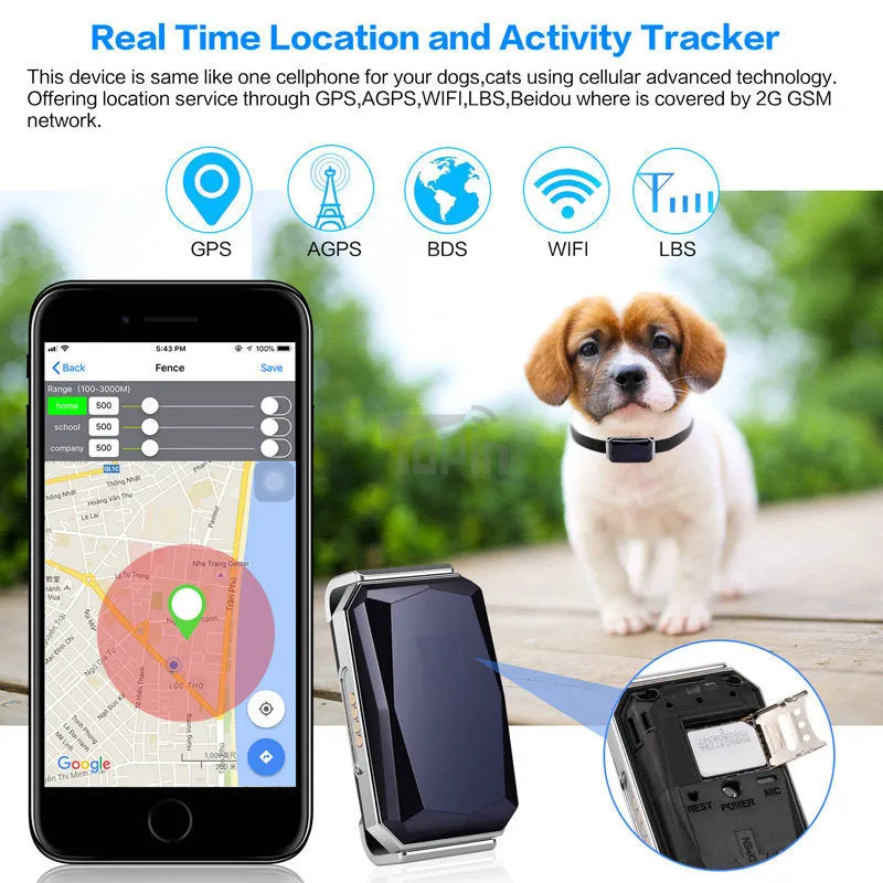 Blue GPS tracker with multiple positioning modes, SOS button, and geo-fence alarm for personal safety