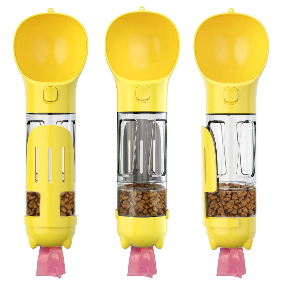 Portable 3-in-1 dog water bottle with leak-proof design, poop bag dispenser, and treat holder in aquamarine colour