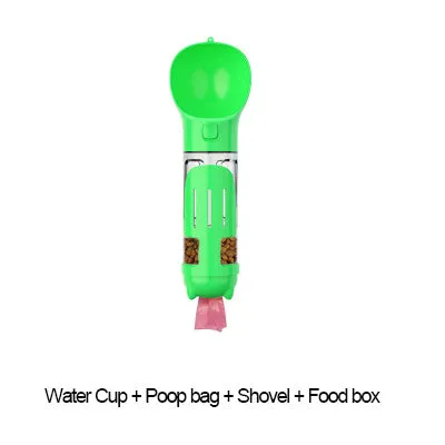 Portable 3-in-1 dog water bottle with leak-proof design, poop bag dispenser, and treat holder in aquamarine colour