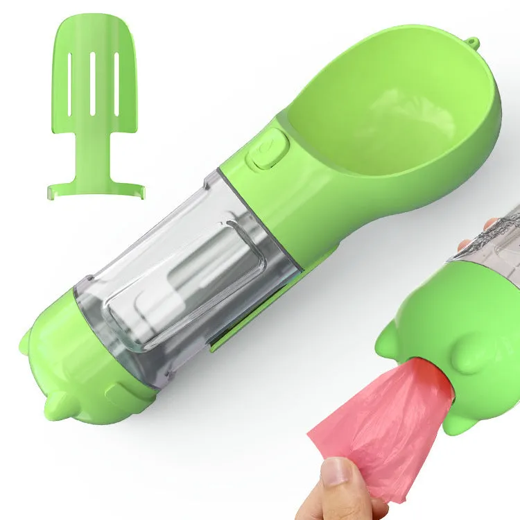 Portable 3-in-1 dog water bottle with leak-proof design, poop bag dispenser, and treat holder in aquamarine colour