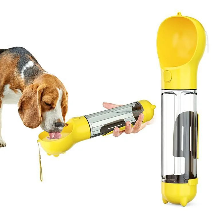 Portable 3-in-1 dog water bottle with leak-proof design, poop bag dispenser, and treat holder in aquamarine colour