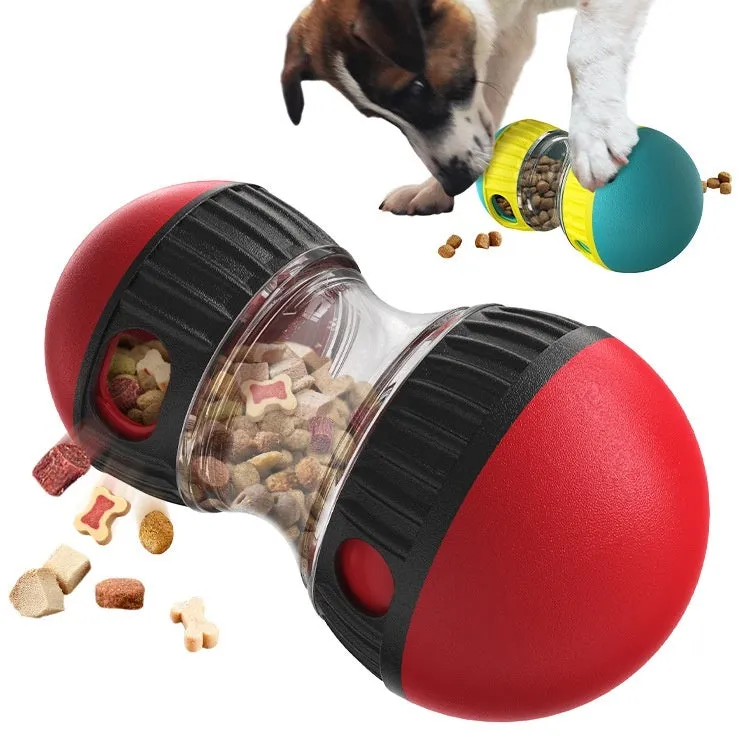 Food dispensing dog toy tumbler in Lake Blue with adjustable leak opening and soft rubber roller for quiet play