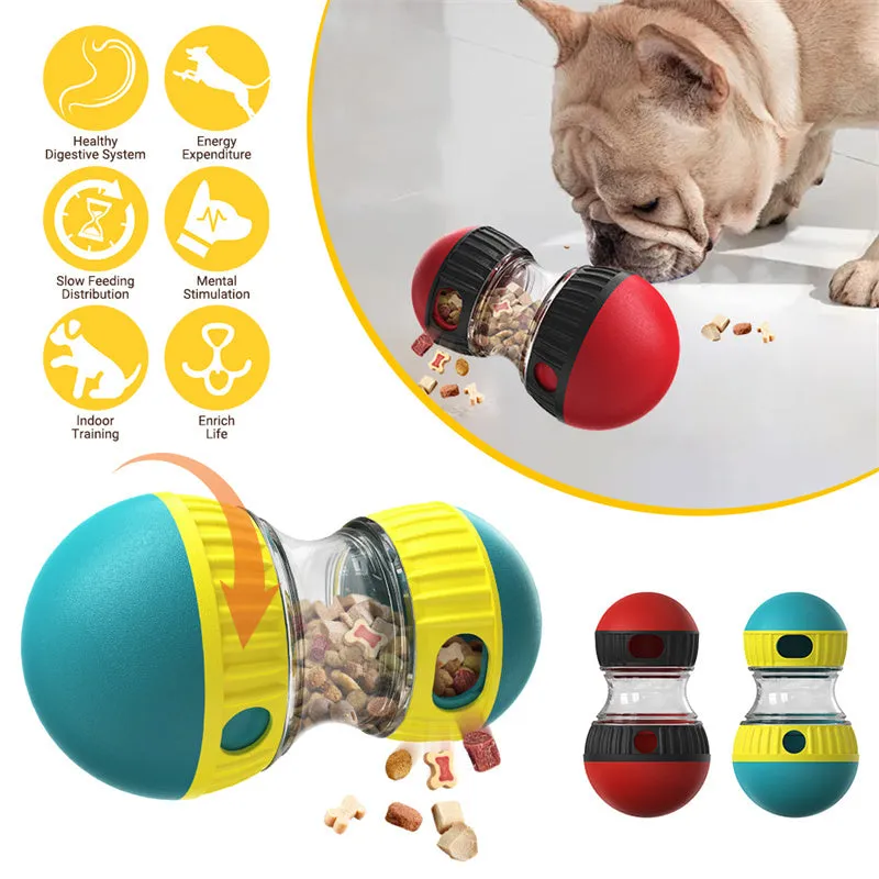 Food dispensing dog toy tumbler in Lake Blue with adjustable leak opening and soft rubber roller for quiet play