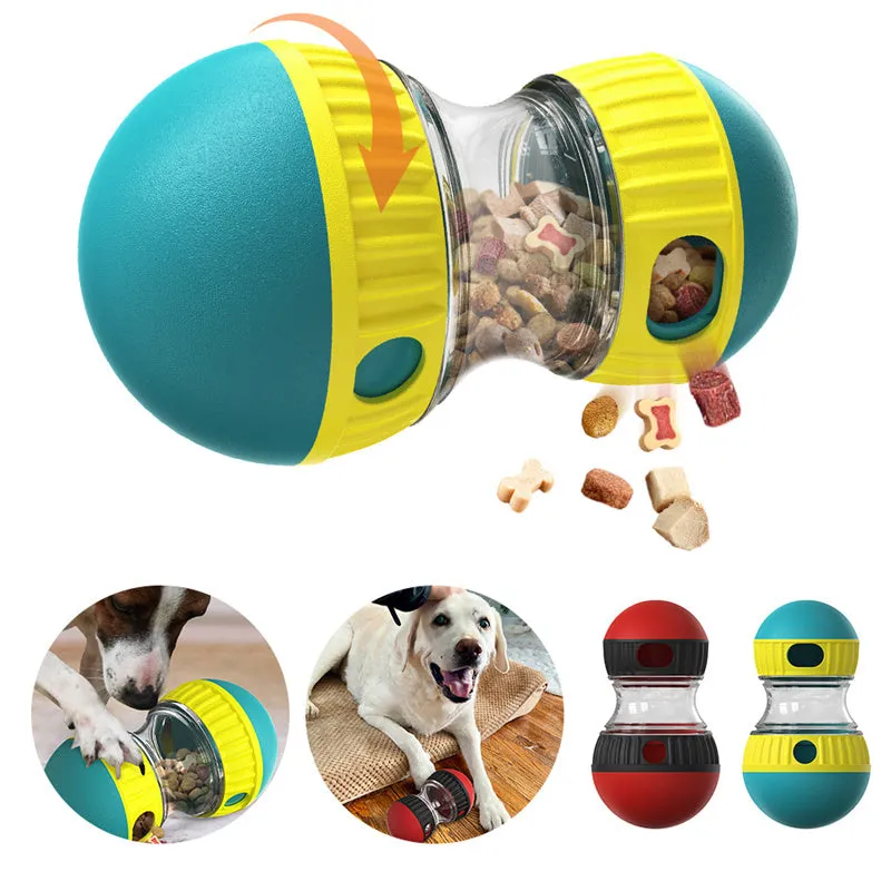 Food dispensing dog toy tumbler in Lake Blue with adjustable leak opening and soft rubber roller for quiet play