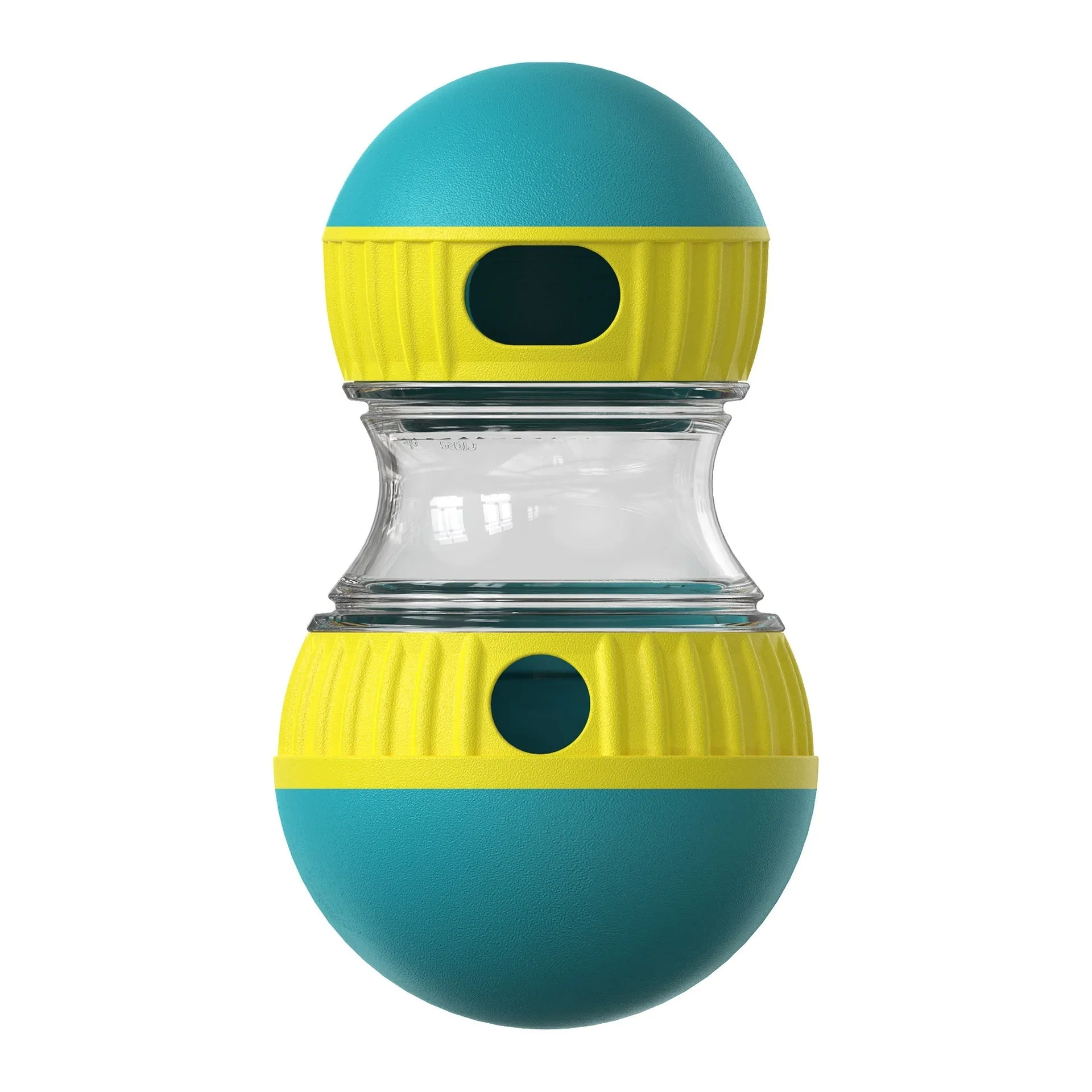 Food dispensing dog toy tumbler in Lake Blue with adjustable leak opening and soft rubber roller for quiet play