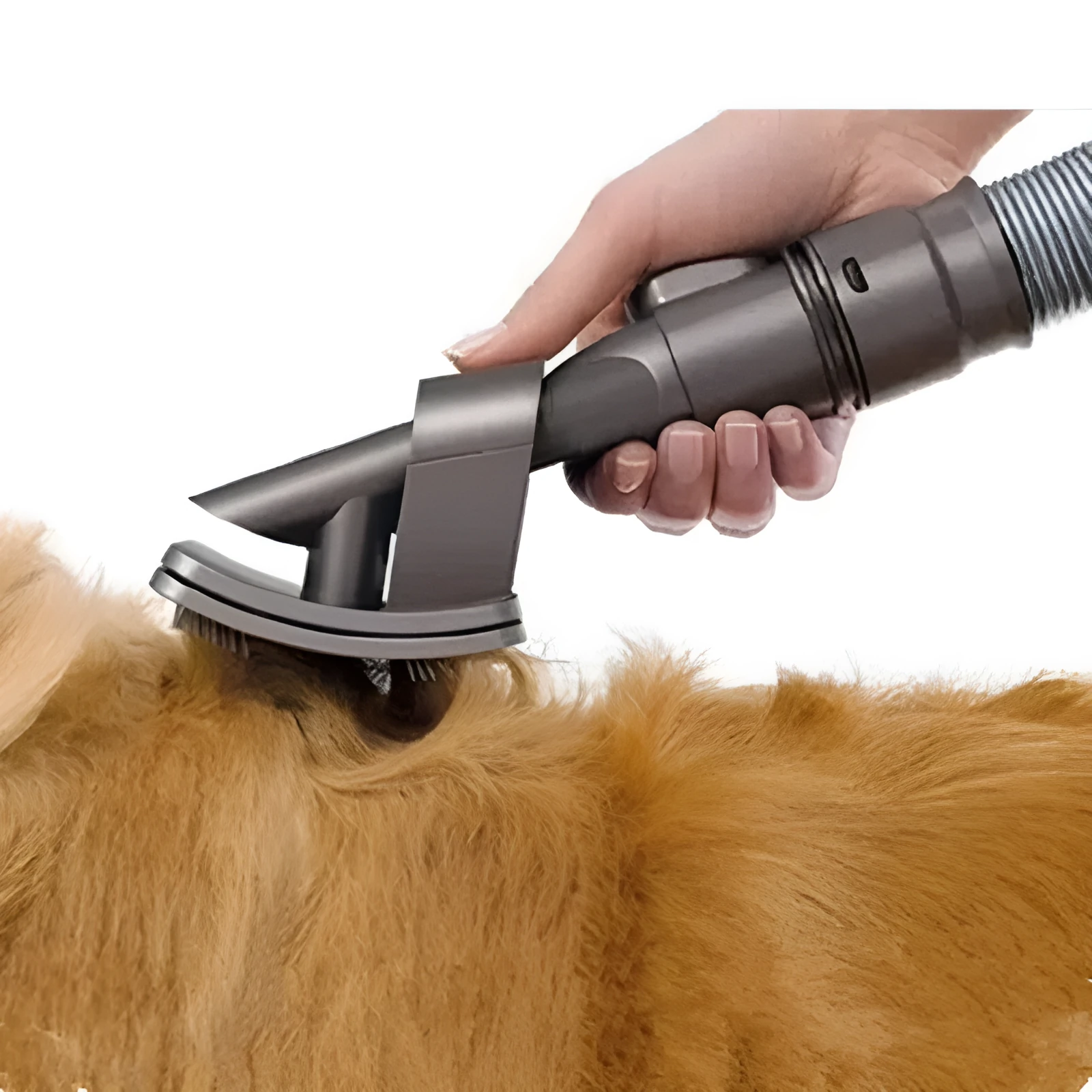 Deep grey pet grooming brush tool with vacuum attachment, 17 x 10 cm, on a plain background