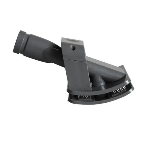 Deep grey pet grooming brush tool with vacuum attachment, 17 x 10 cm, on a plain background