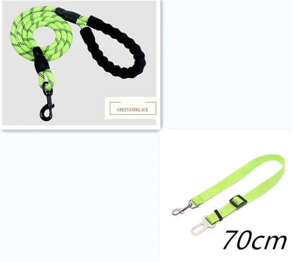 Reflective nylon dog leash 1.5m with black foam handle and zinc alloy hook on a black background