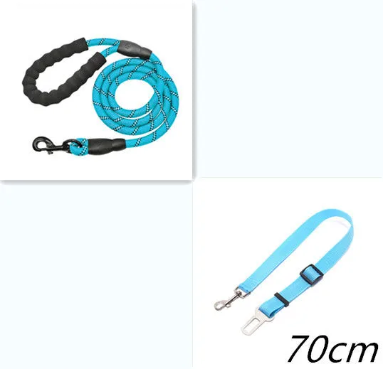 Reflective nylon dog leash 1.5m with black foam handle and zinc alloy hook on a black background