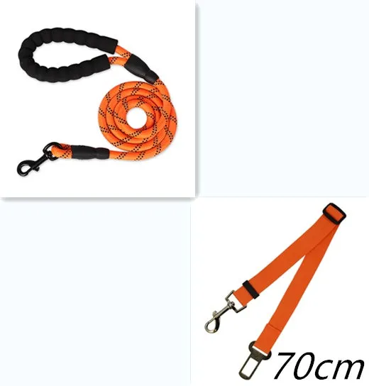 Reflective nylon dog leash 1.5m with black foam handle and zinc alloy hook on a black background