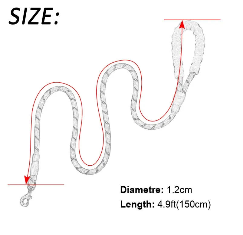 Reflective nylon dog leash 1.5m with black foam handle and zinc alloy hook on a black background