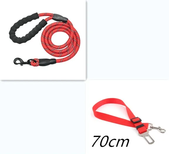 Reflective nylon dog leash 1.5m with black foam handle and zinc alloy hook on a black background