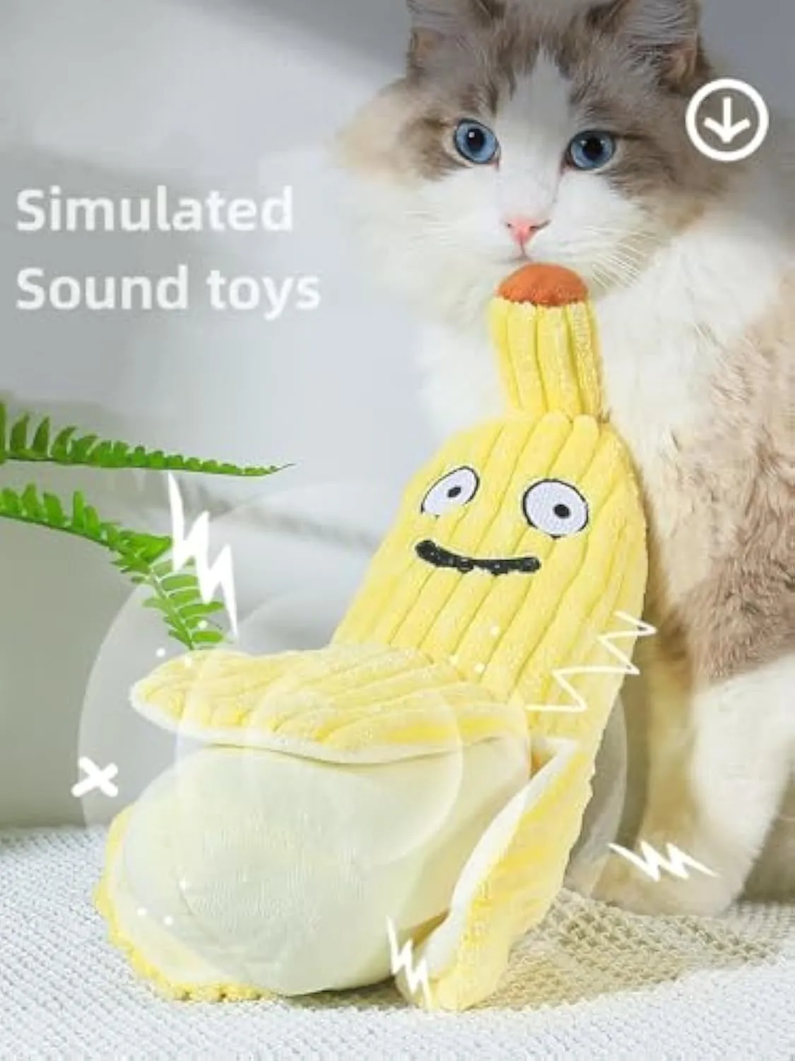 Yellow banana-shaped cat toy with crinkle sound element for interactive feline play