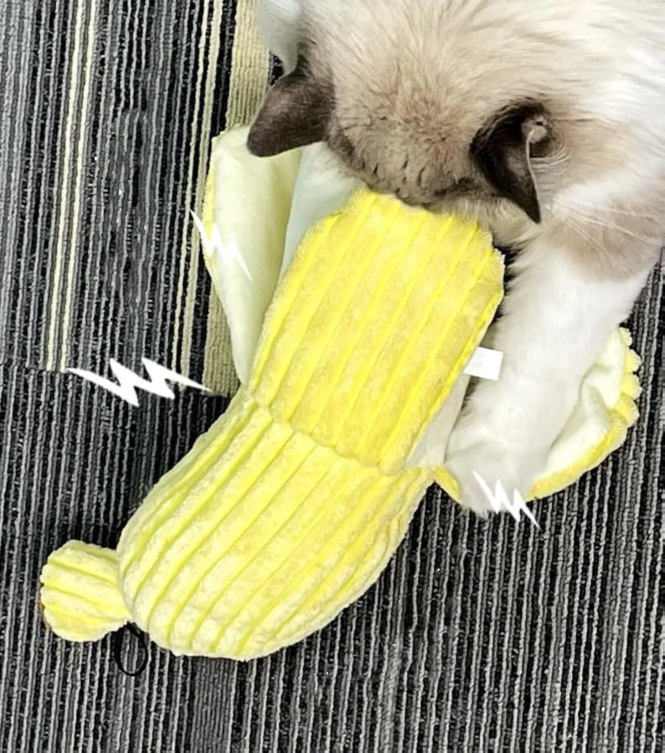 Yellow banana-shaped cat toy with crinkle sound element for interactive feline play