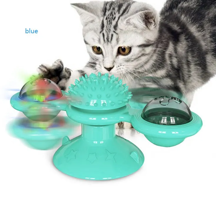Cat rotating windmill toy with suction base on floor, two transparent bins, luminous ball, teeth grinding function, blue yellow green colour