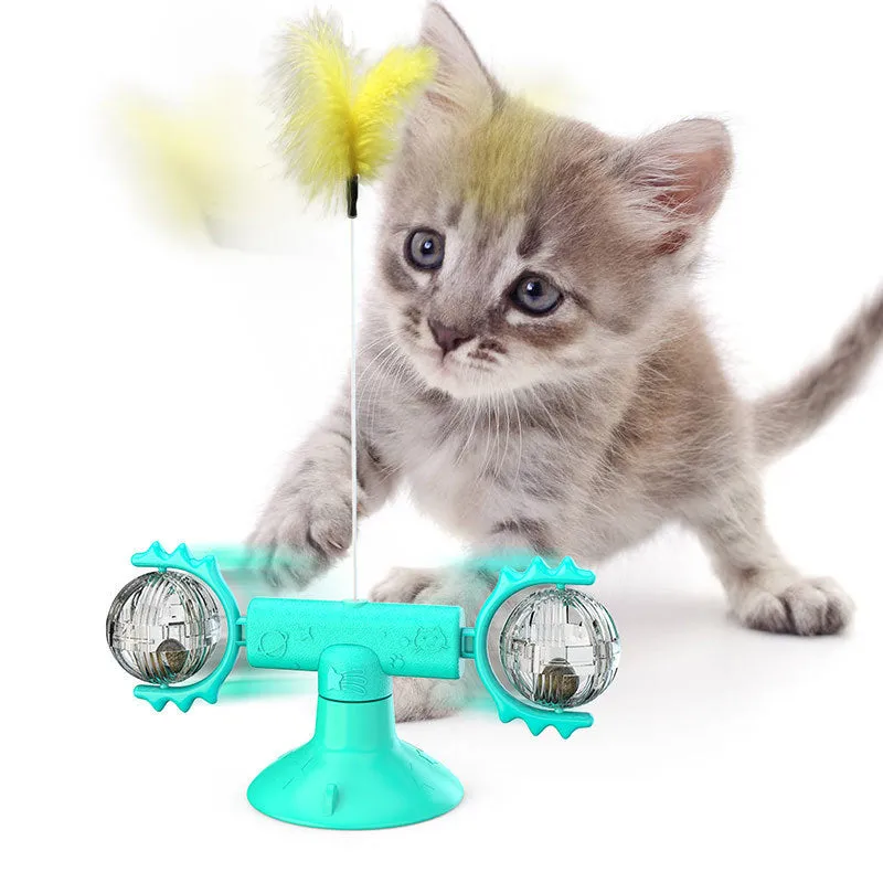Cat rotating windmill toy with suction base on floor, two transparent bins, luminous ball, teeth grinding function, blue yellow green colour
