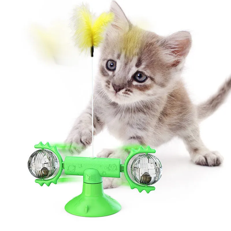 Cat rotating windmill toy with suction base on floor, two transparent bins, luminous ball, teeth grinding function, blue yellow green colour