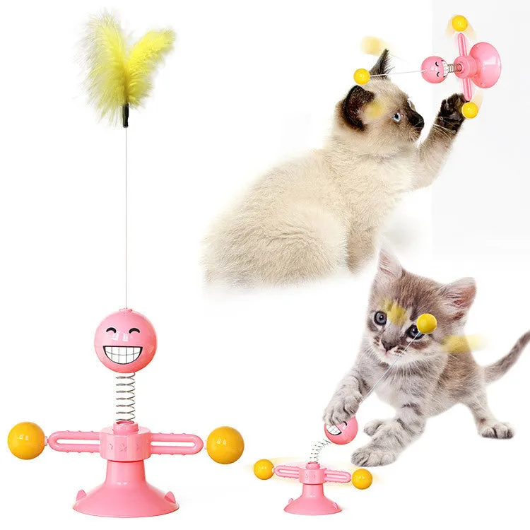 Cat rotating windmill toy with suction base on floor, two transparent bins, luminous ball, teeth grinding function, blue yellow green colour