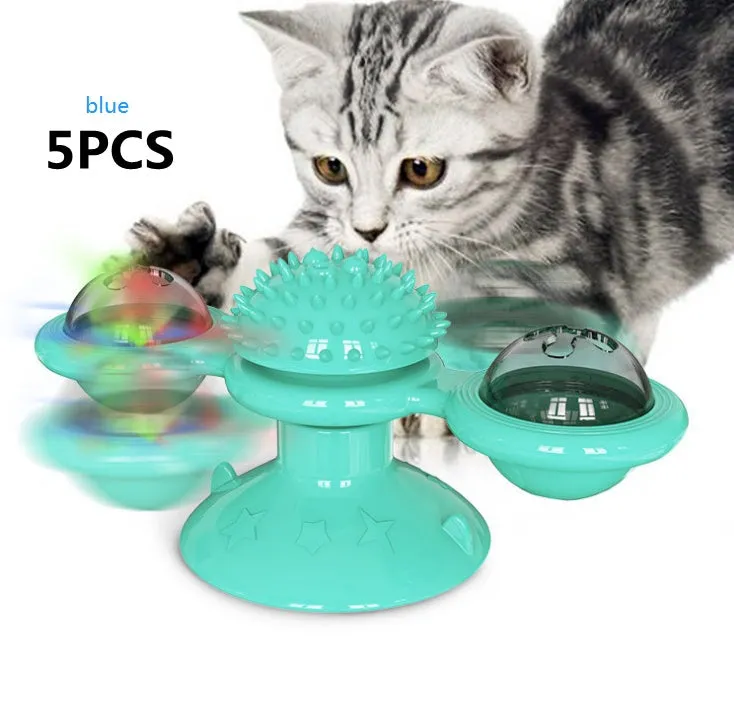Cat rotating windmill toy with suction base on floor, two transparent bins, luminous ball, teeth grinding function, blue yellow green colour