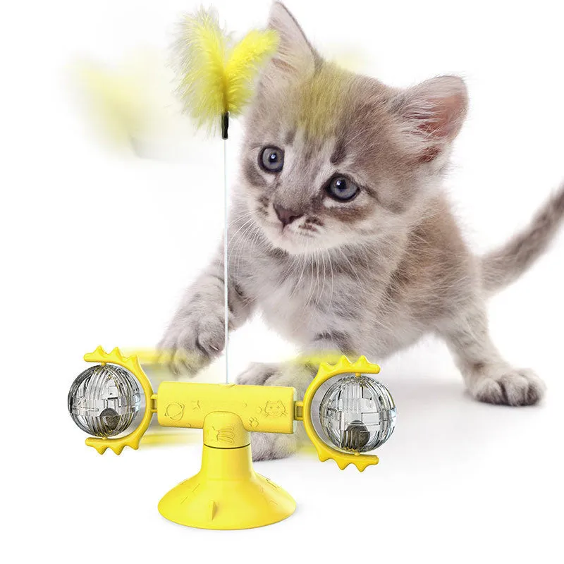 Cat rotating windmill toy with suction base on floor, two transparent bins, luminous ball, teeth grinding function, blue yellow green colour
