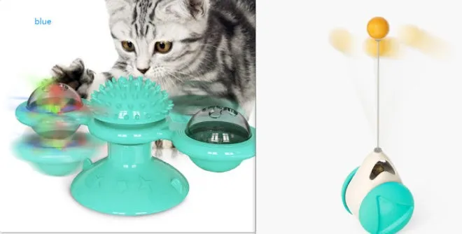 Cat rotating windmill toy with suction base on floor, two transparent bins, luminous ball, teeth grinding function, blue yellow green colour