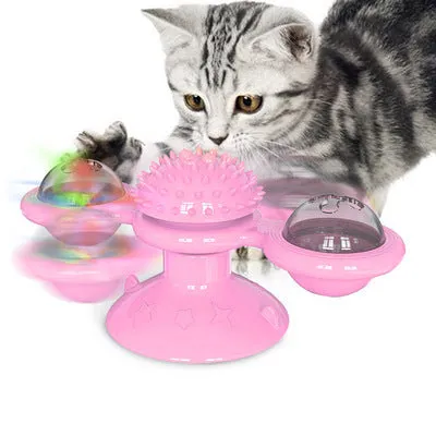 Cat rotating windmill toy with suction base on floor, two transparent bins, luminous ball, teeth grinding function, blue yellow green colour