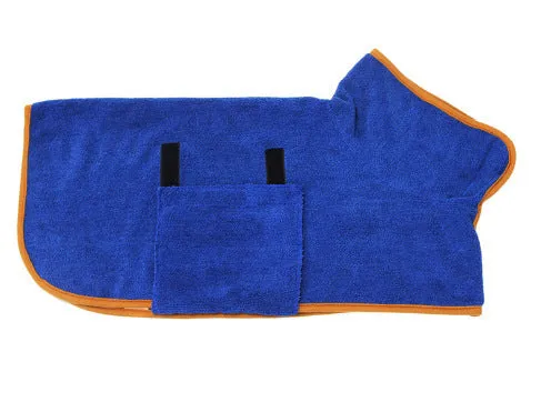 Blue dog bathrobe made of microfiber with adjustable hook and loop strap for drying after bath
