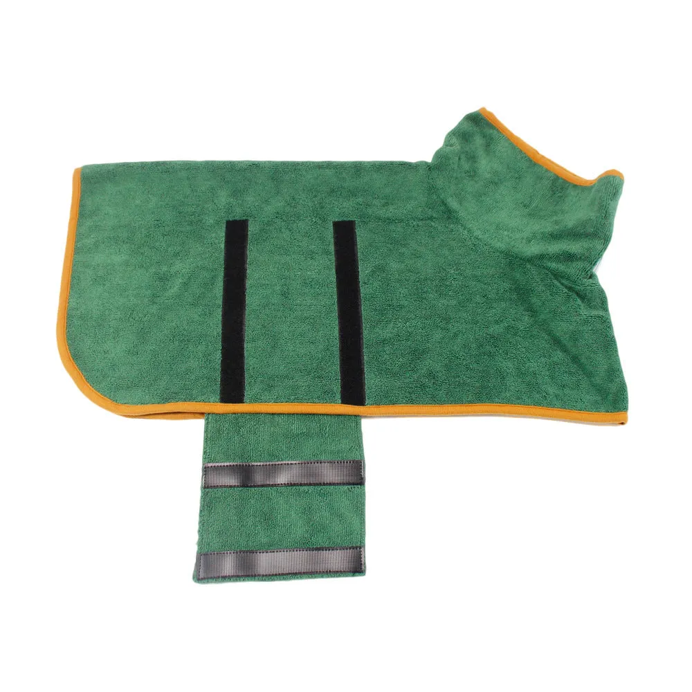 Blue dog bathrobe made of microfiber with adjustable hook and loop strap for drying after bath