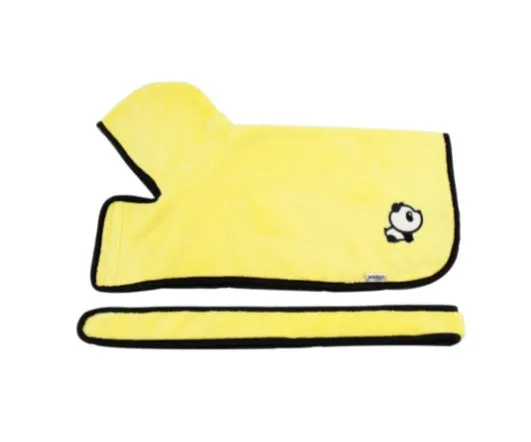 Blue dog bathrobe made of microfiber with adjustable hook and loop strap for drying after bath