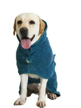 Blue dog bathrobe made of microfiber with adjustable hook and loop strap for drying after bath