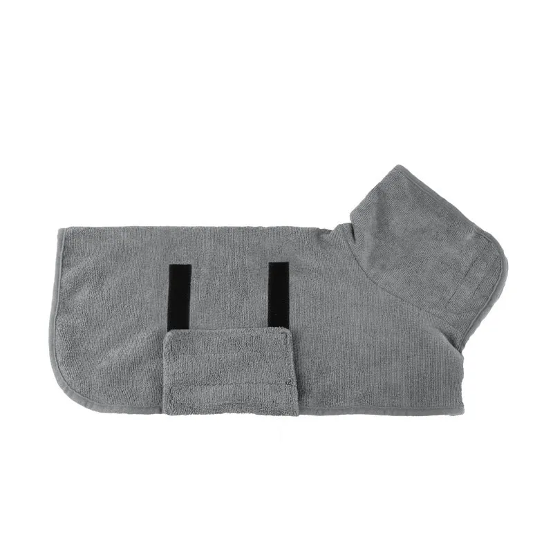 Blue dog bathrobe made of microfiber with adjustable hook and loop strap for drying after bath