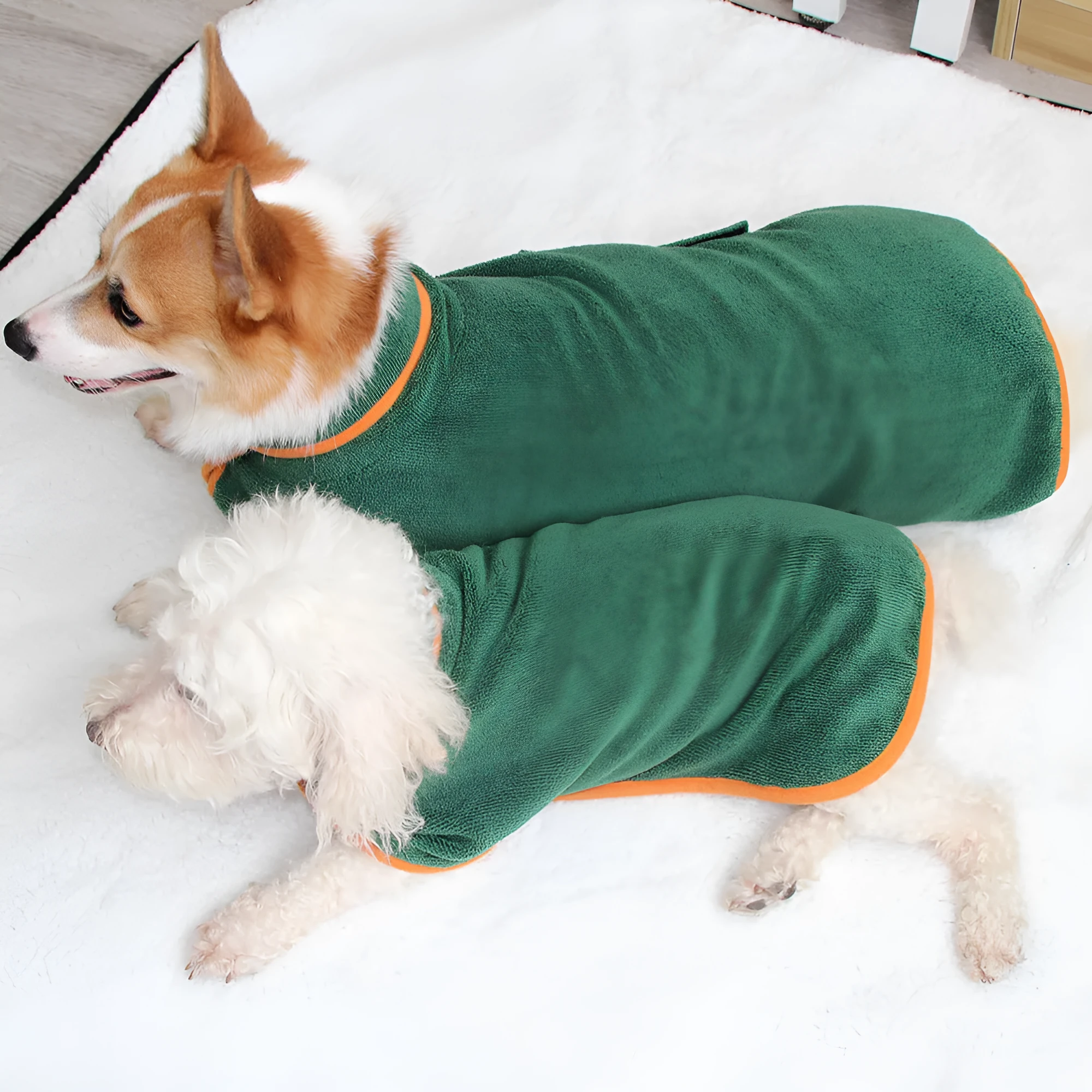 Blue dog bathrobe made of microfiber with adjustable hook and loop strap for drying after bath