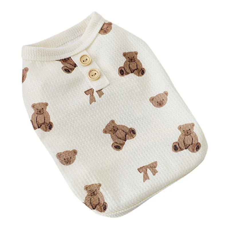 Beige waffle short-sleeve small dog top on a dog, side view, polyester fabric