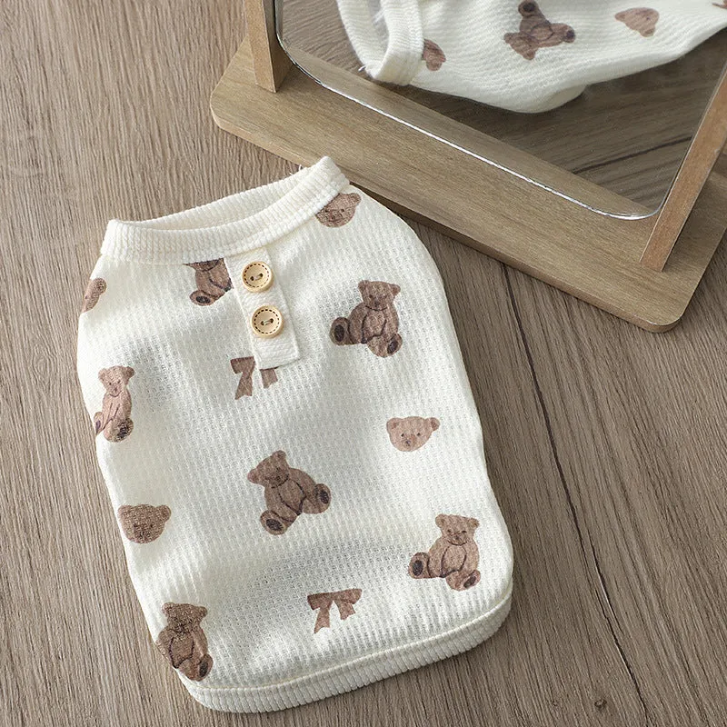 Beige waffle short-sleeve small dog top on a dog, side view, polyester fabric